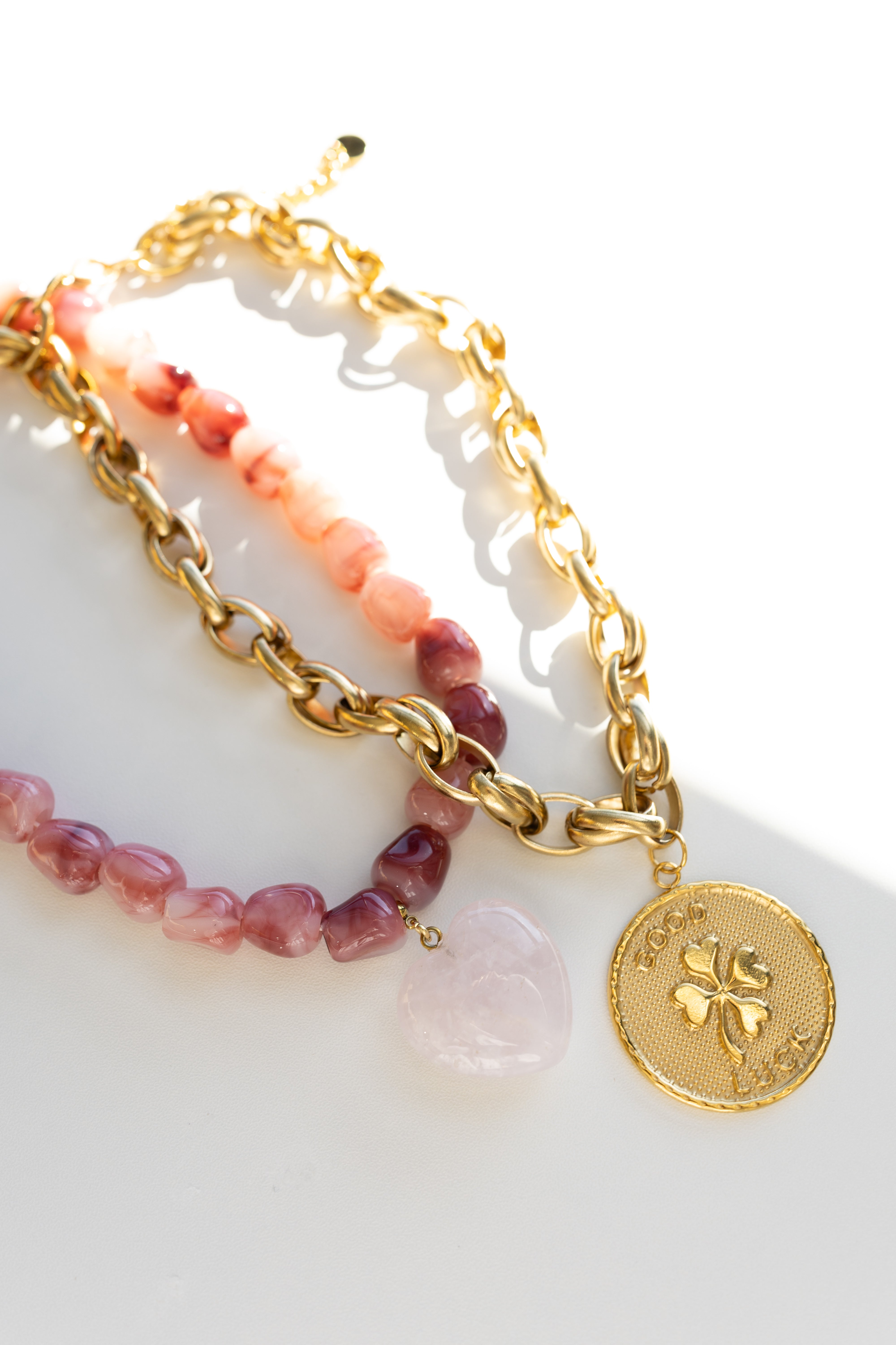 Jade Stone Heart Necklace - Pink