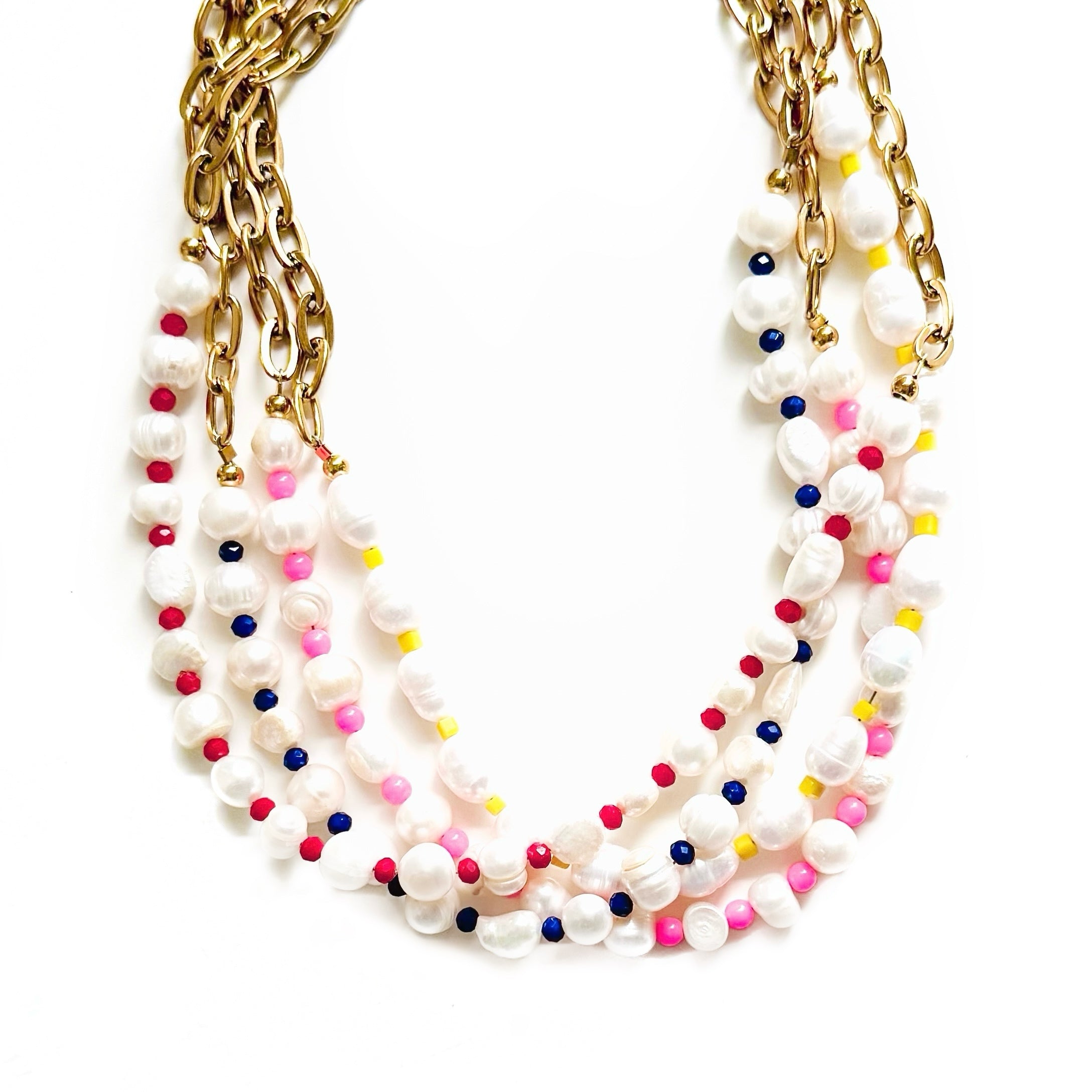 Half Gold Waterproof Chain Half Mixed Pearl and Mini Colorful Bead Necklace