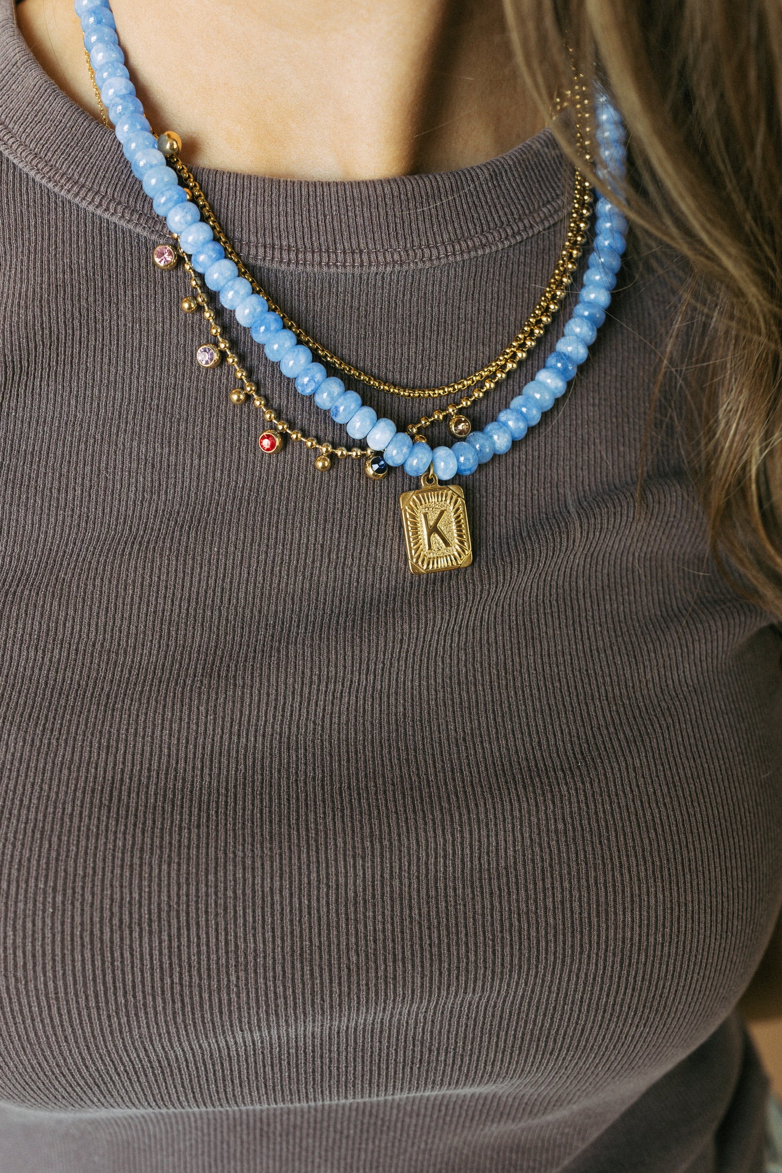 Beaded Initial Pendant Necklace || Blue