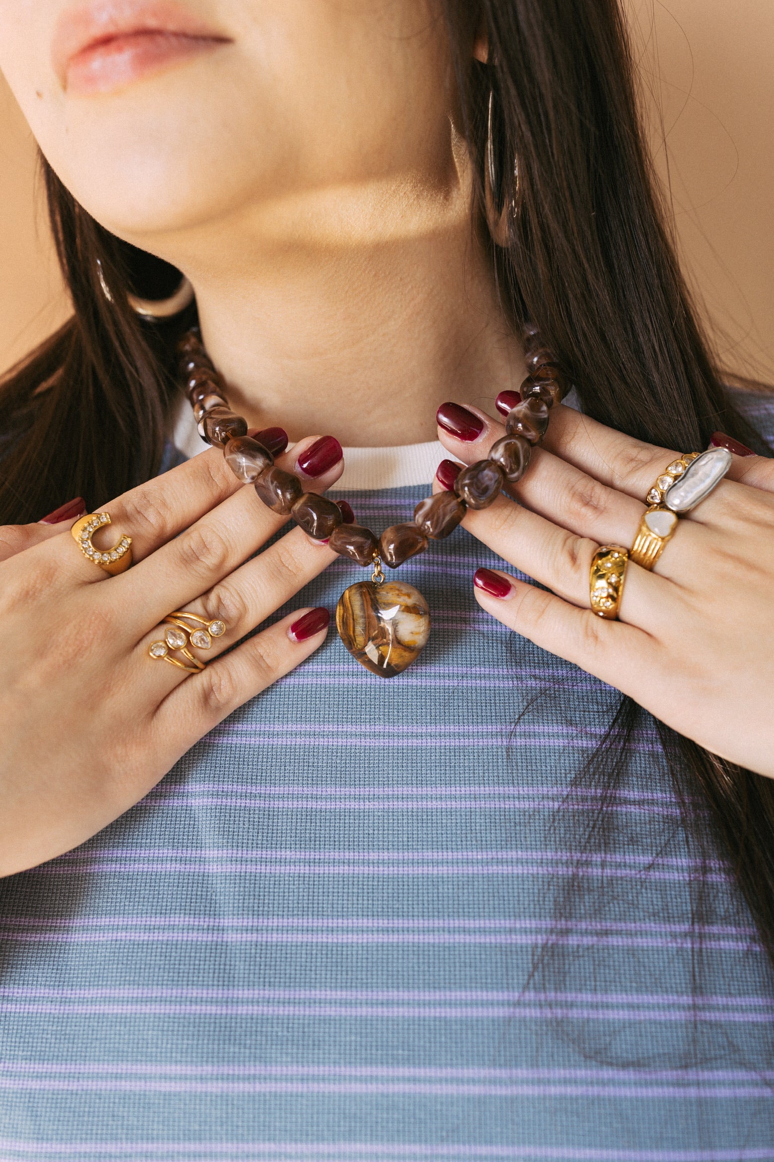 Jade Stone Heart Necklace - Brown
