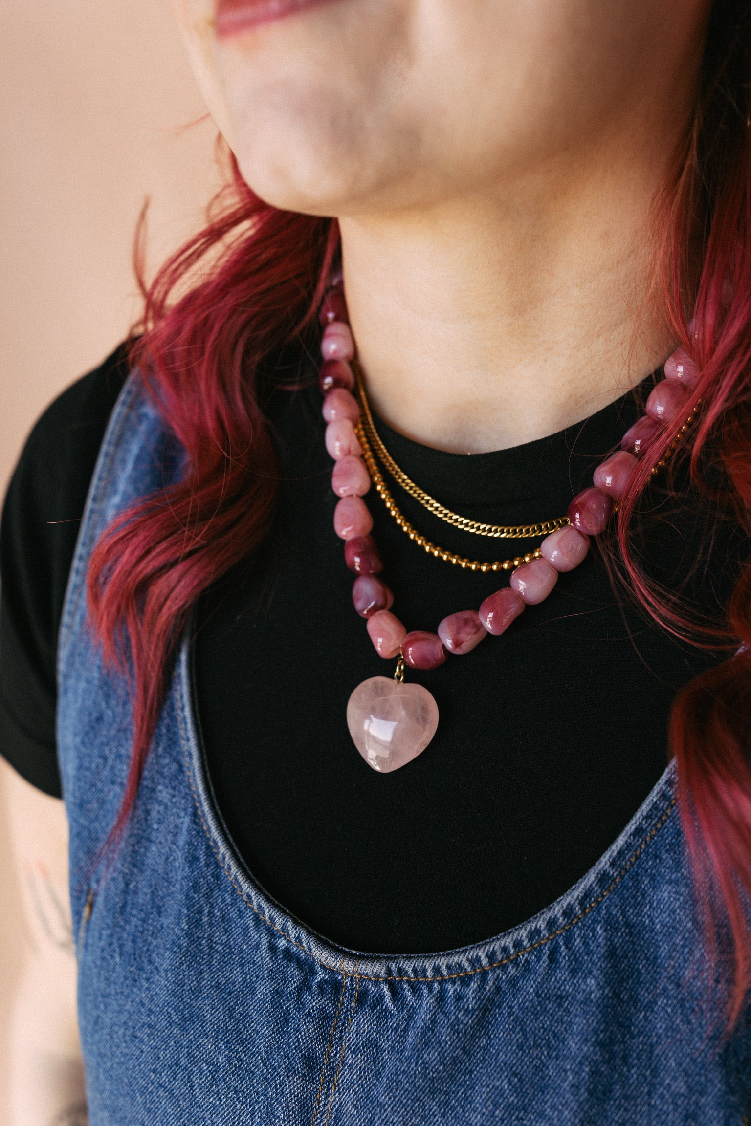 Jade Stone Heart Necklace - Pink