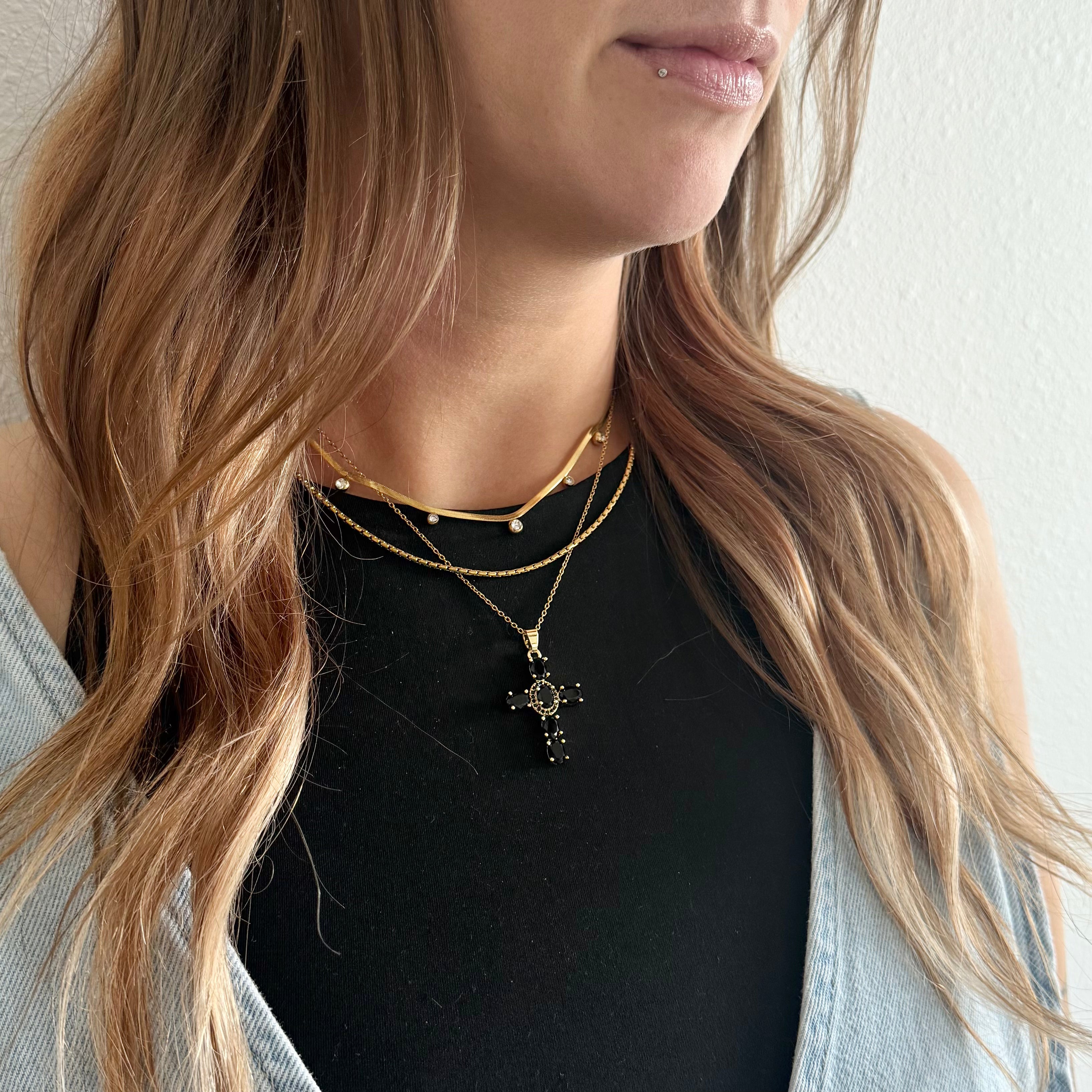 Cara Black Oval Crystal Cross Necklace