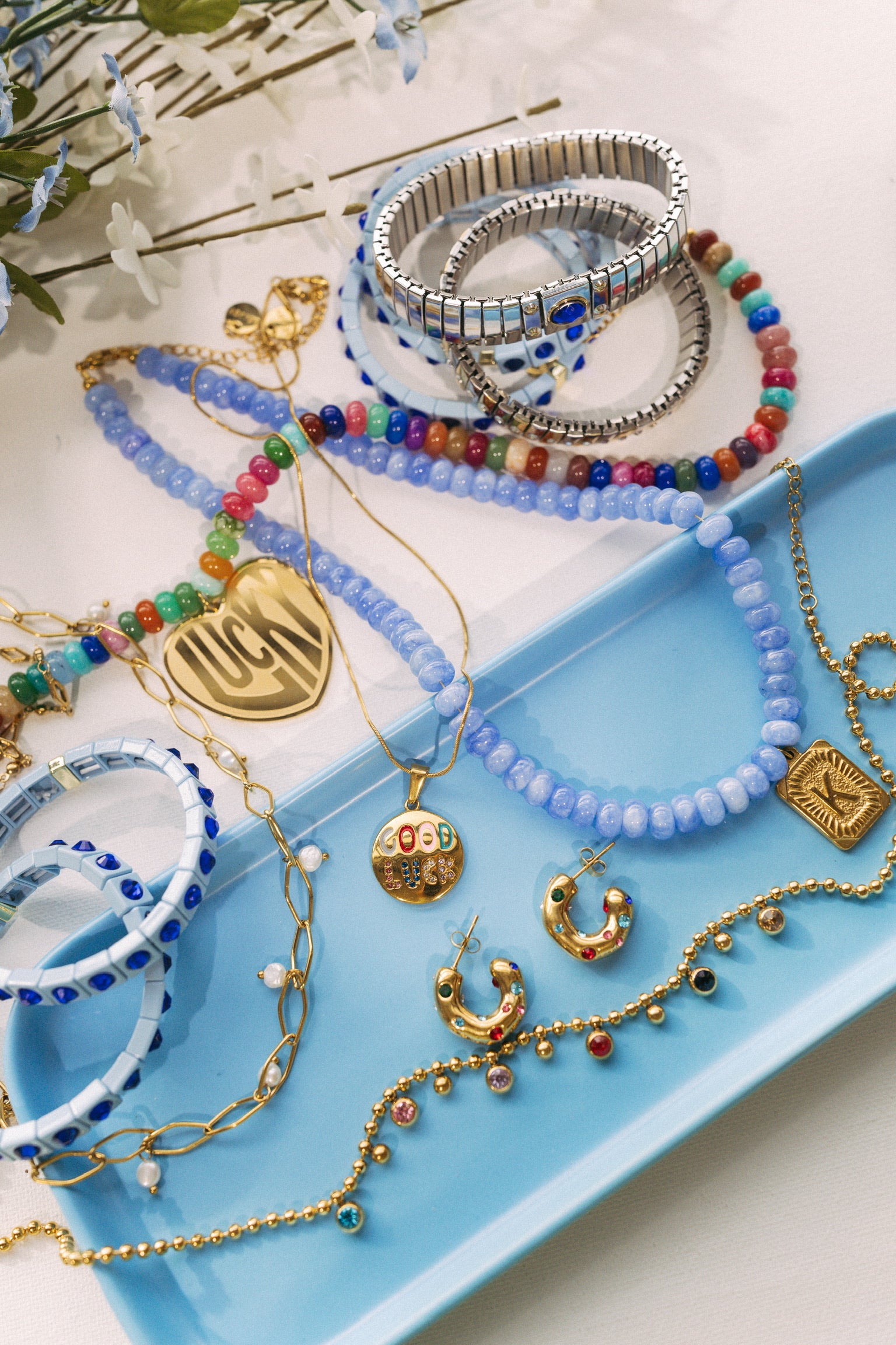 Beaded Initial Pendant Necklace || Blue