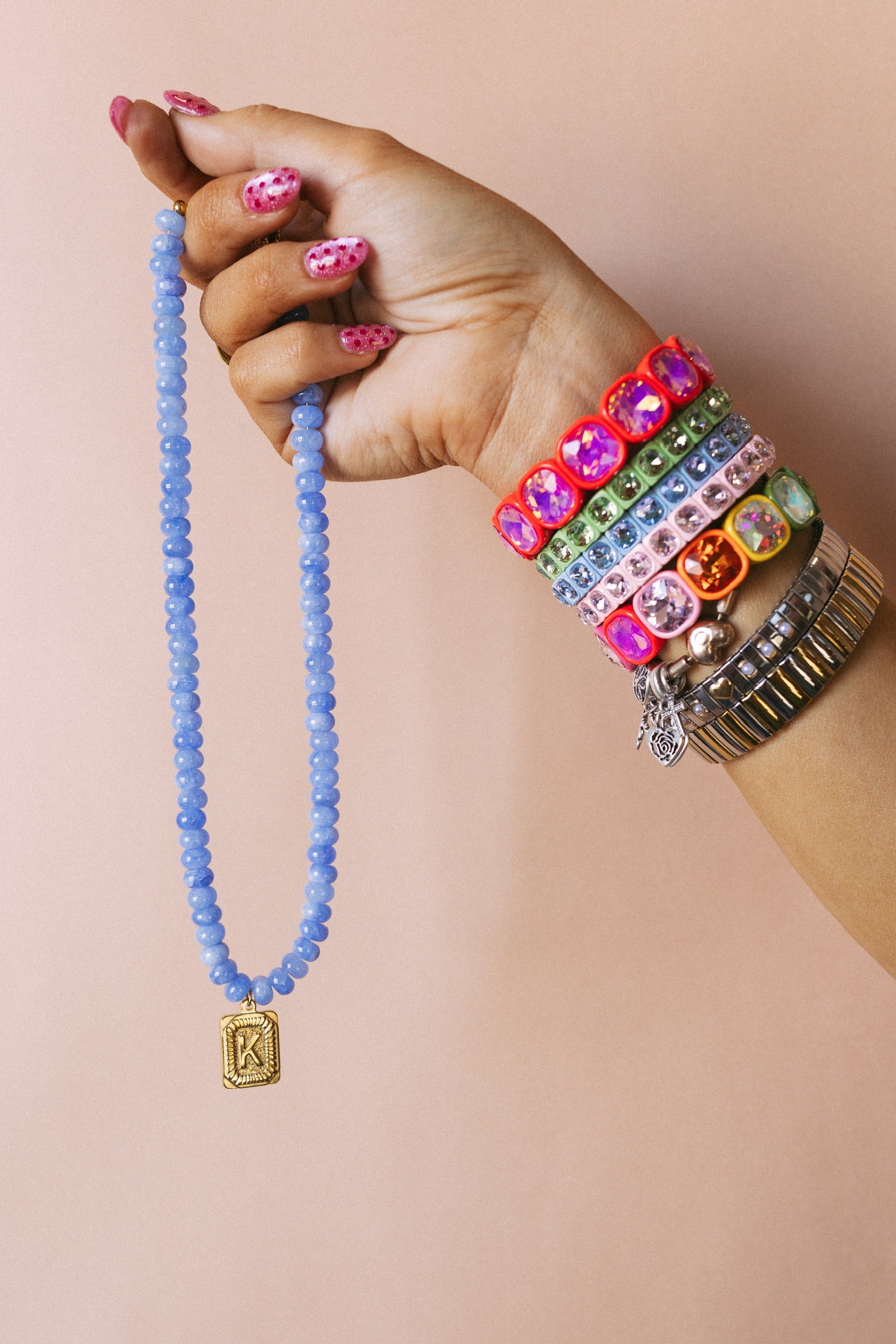 Beaded Initial Pendant Necklace || Blue